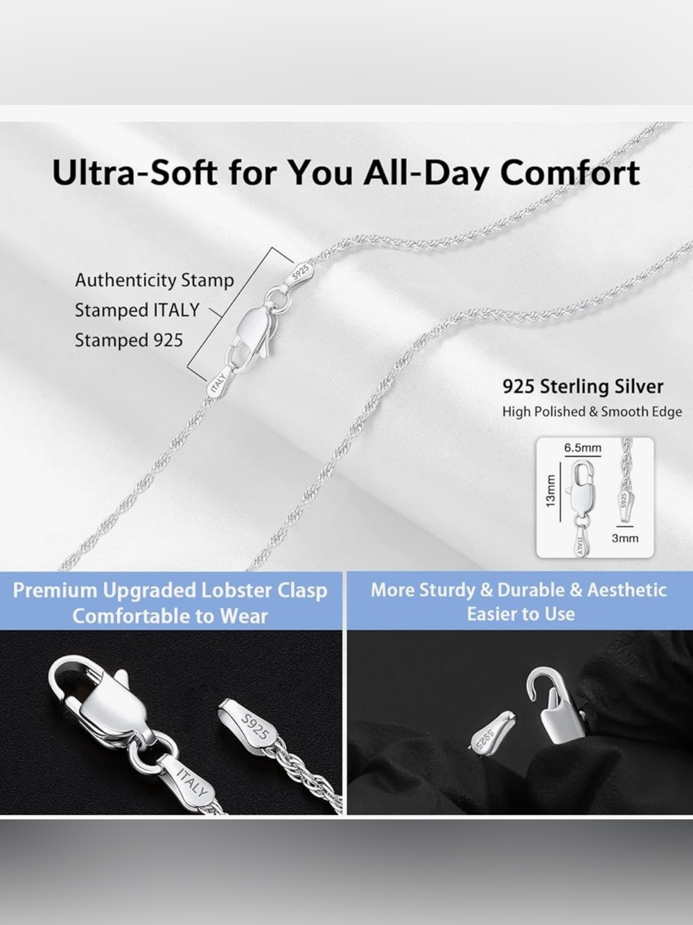 Sterling Silver S925 Rope Chain Necklace - Silver - Picture 5 of 5